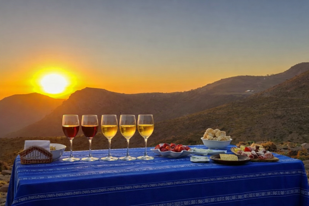 Degustação de vinhos ao pôr do sol em vinícola do Chile com vista para montanhas