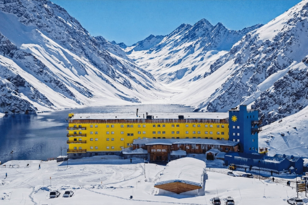 Hotel Portillo no Chile cercado por montanhas nevadas da Cordilheira dos Andes