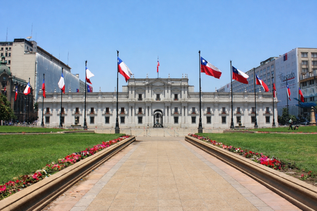Palácio de La Moneda em Santiago do Chile com bandeiras chilenas e jardins na entrada