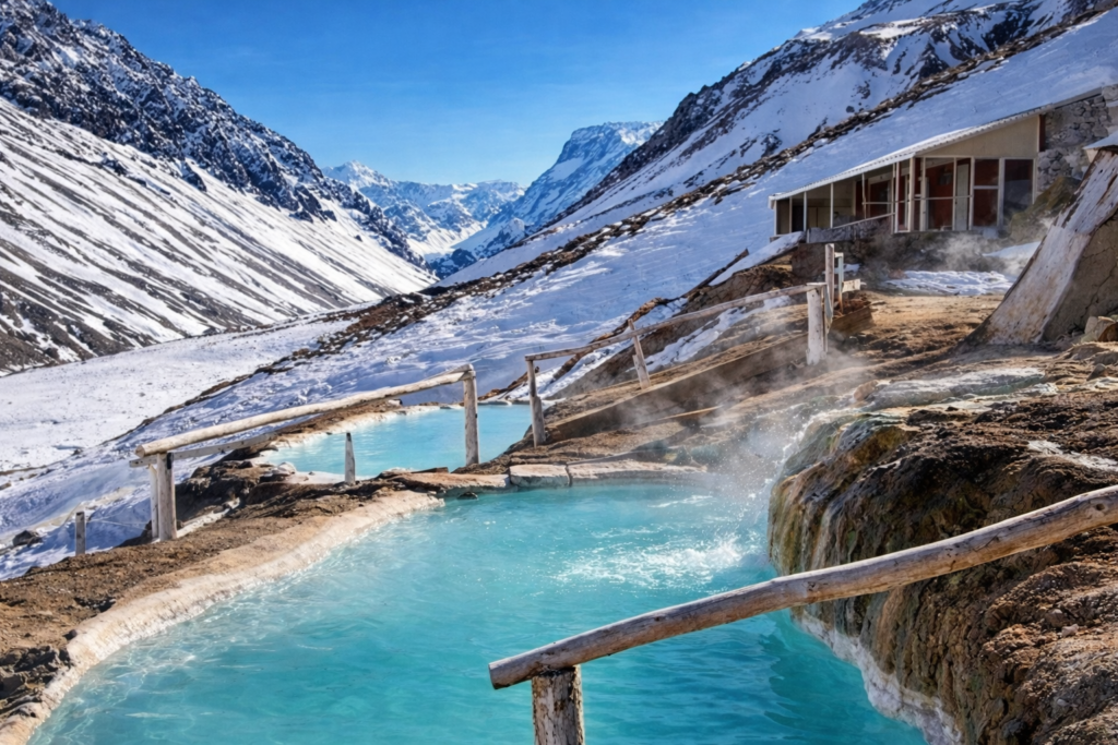 Piscinas termais nas Termas Valle de Colina cercadas pela Cordilheira dos Andes no Chile