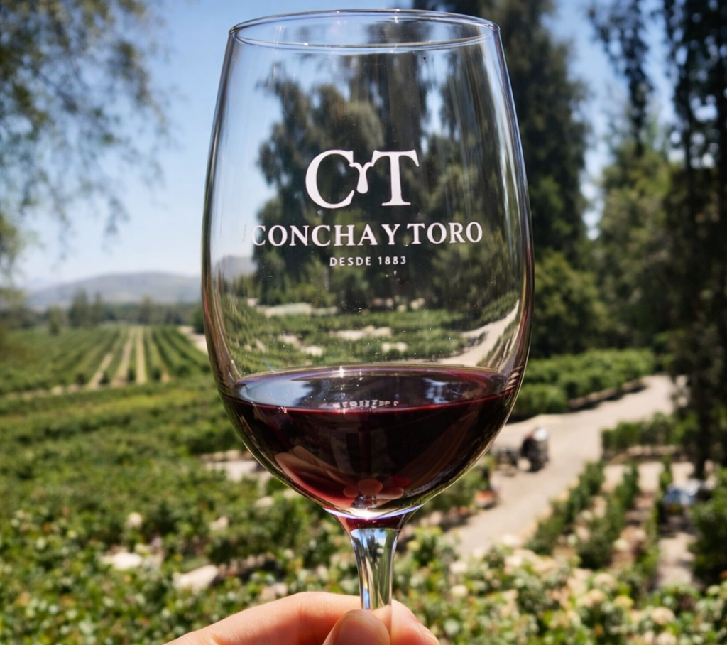 Taça de vinho na Vinícola Concha y Toro em Santiago do Chile durante passeio de enoturismo